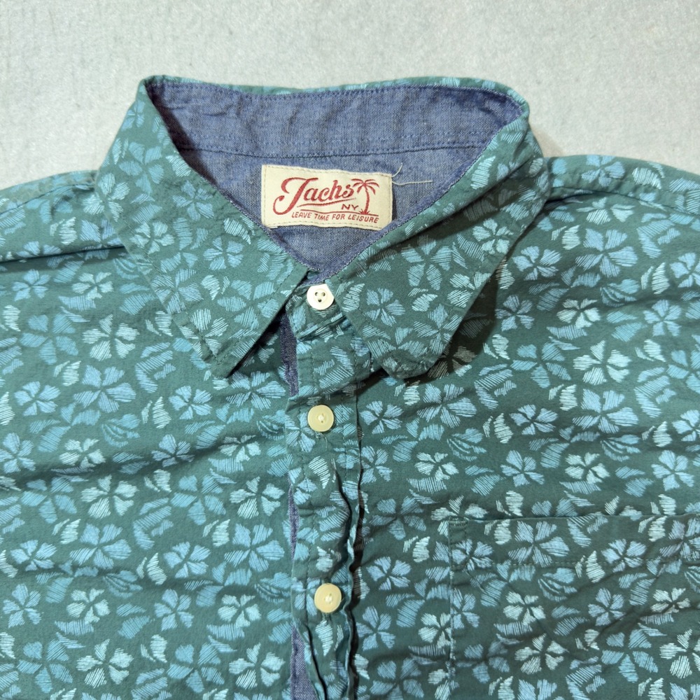 Jachs NY Button Down Shirt Mens Medium Teal Floral Short Sleeve Excellent Casual